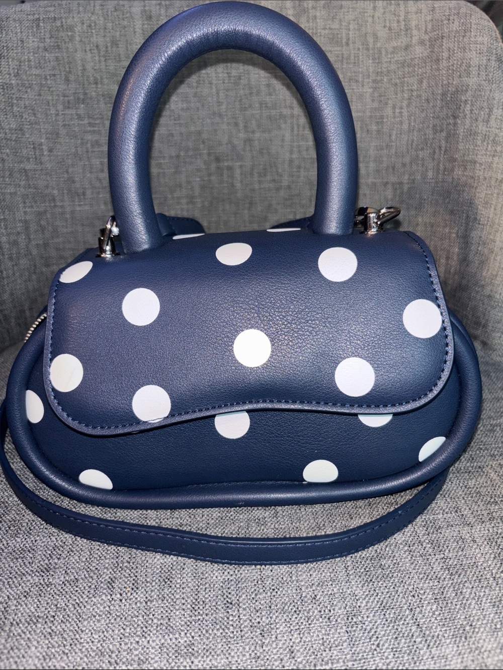 Melie Bianco Navy and White Polka Dot Mini Top-Handle Crossbody